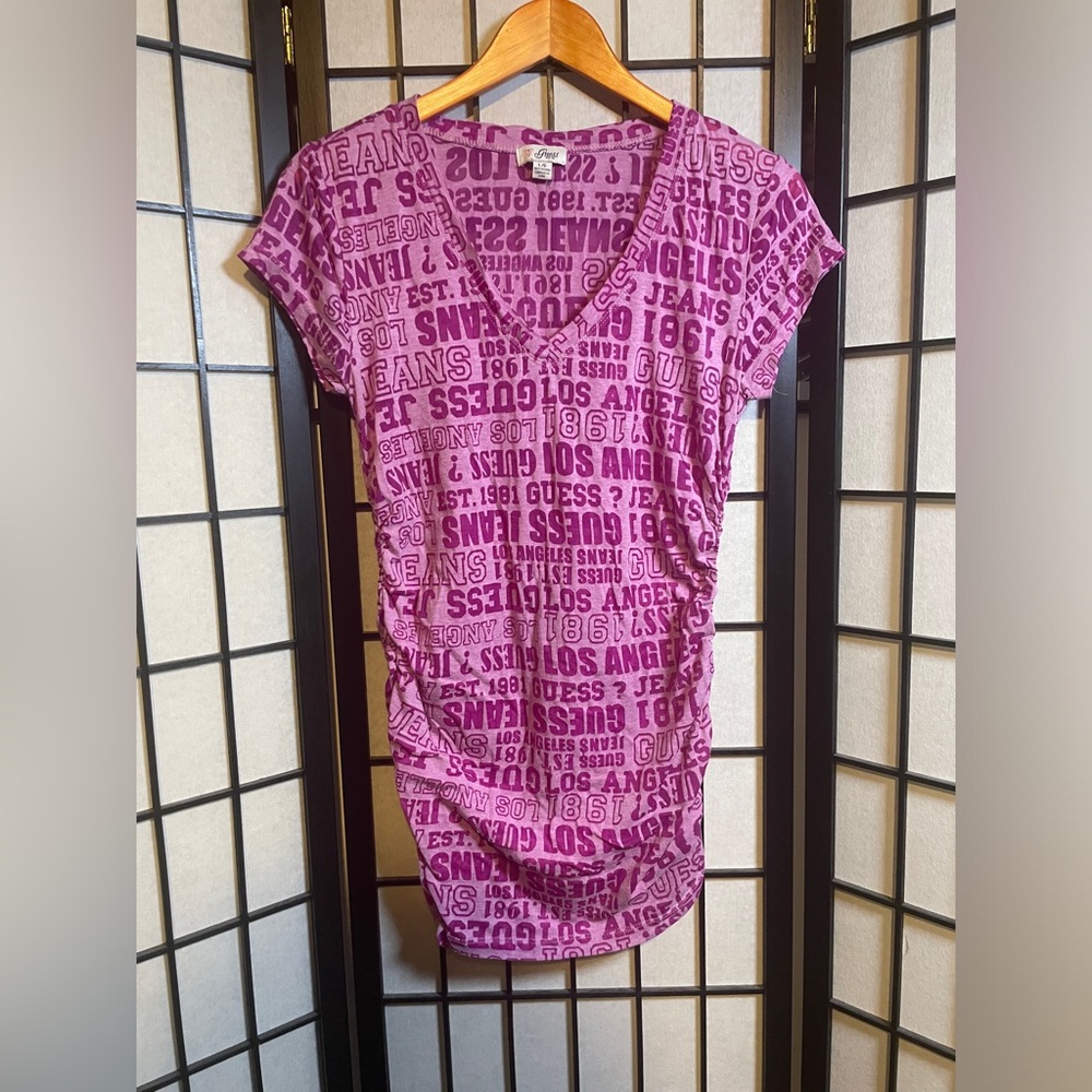 Y2k Vintage Guess Sheer Purple Top Logo Baby Doll Long Ruched Look Shirt Sz L